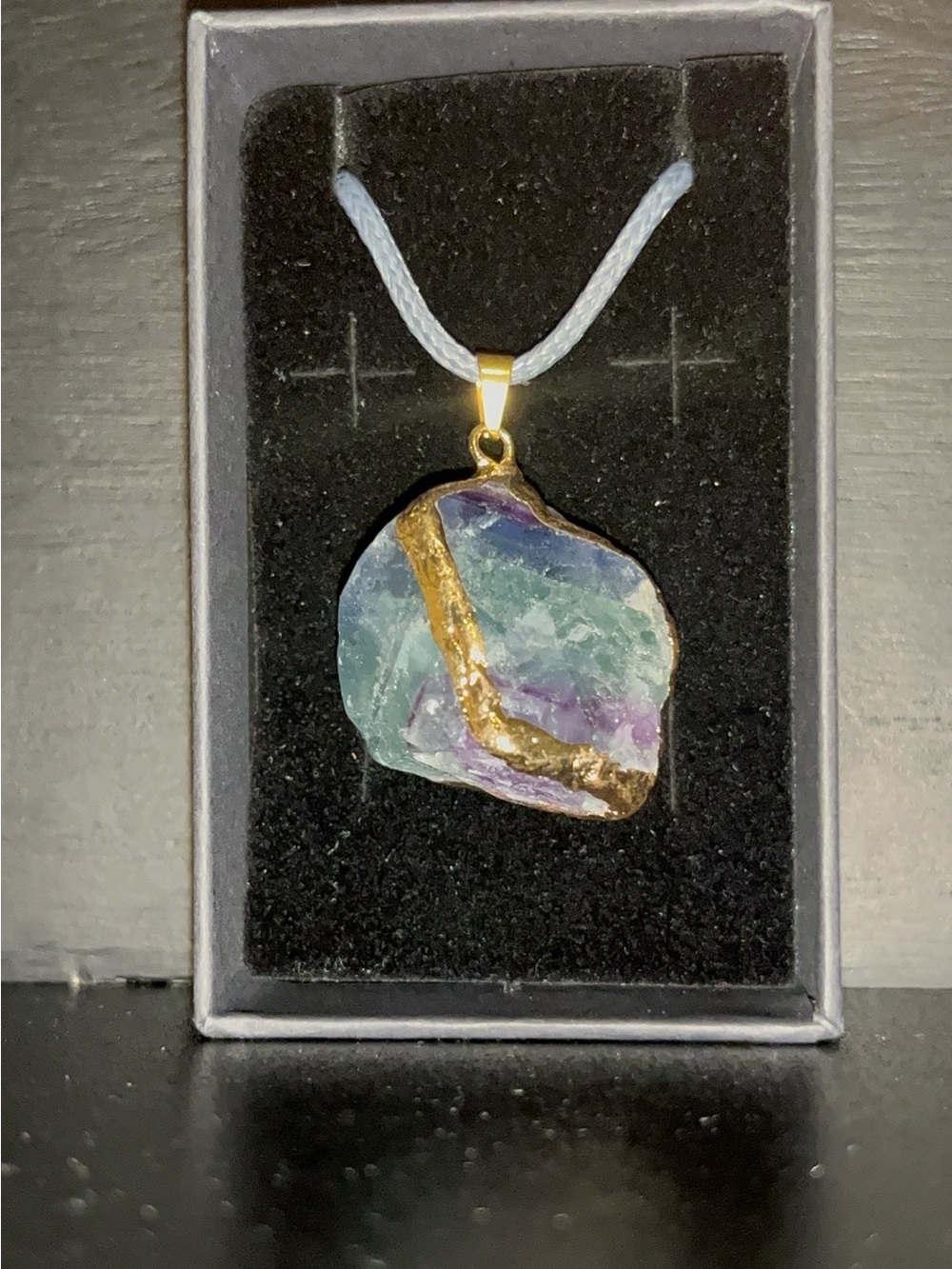 Gold-Trim Fluorite Slice Pendant Necklace in Green, Purple & Blue
